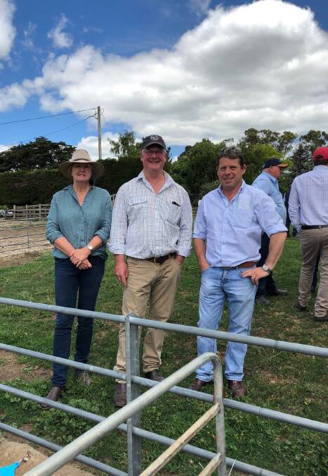 Top price: Claire and Peter Blackwood, with buyer of the top priced lot at the Blackwood Corriedale sale, Philip Gough, Salamanka Pastoral, Hamilton.