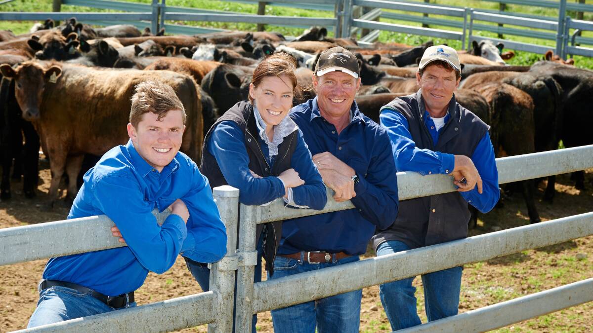 FAMILY: Melissa and father Grant Harvey (centre) flanked by Josh and his father Ley Harvey, Strathdownie, will be able to turn off more grass-fed cattle with new irrigation.
