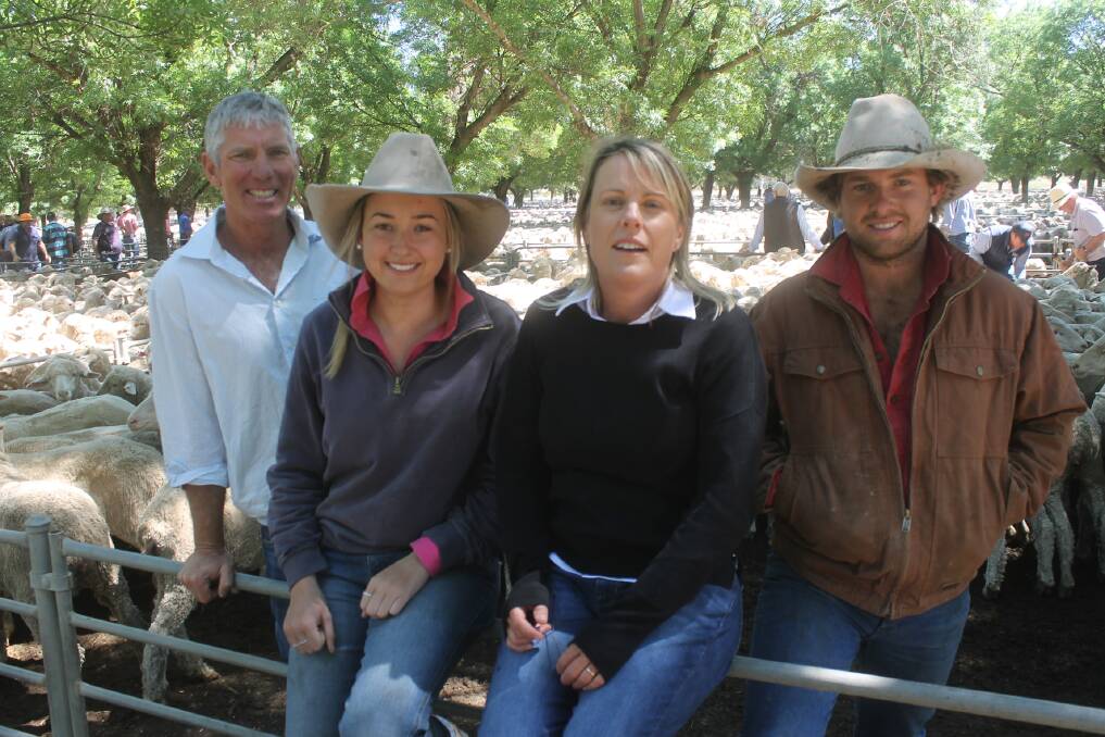 Buyers: Mount Fyans, Dundonnell, has been purchased by Moulamein, NSW, woolgrowers Ian, Emma, Camilla and Will Shippen pictured at Deniliquin in October. Photo Murray Arnel.