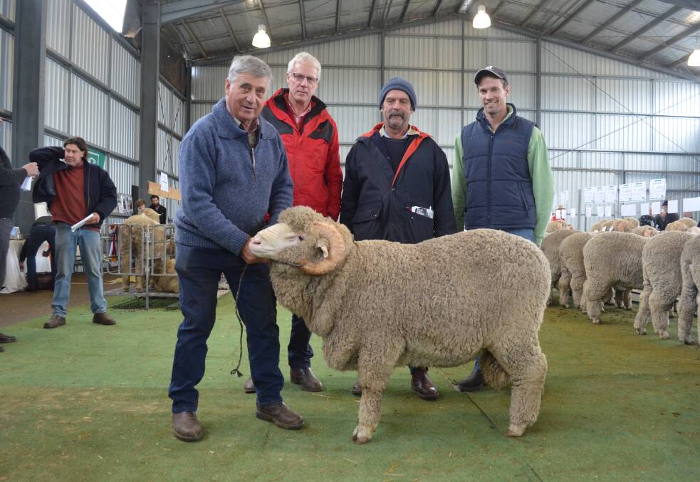 Top: Vendor Robert Harding, Glendonald Merino stud, Nhill, with the top priced ram at $7500, Elders branch manager, David Whyte, Hamilton, and buyers John and son Will Staude, Pigeon Ponds.