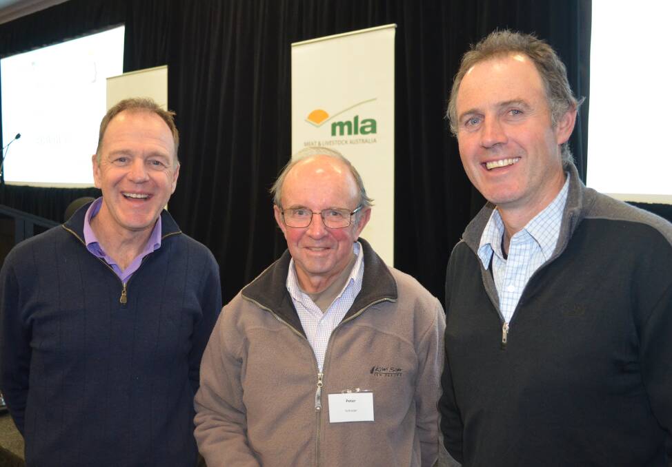 Retiring: Recognising the retirement of agricultural consultant and Bestwool/Bestlamb co-ordinator, Peter Schroder (centre), Hamilton, were Ross Quail, Woorndoo, and Matthew Crawford, Moutajup, at the Bestwool/Bestlamb conference.