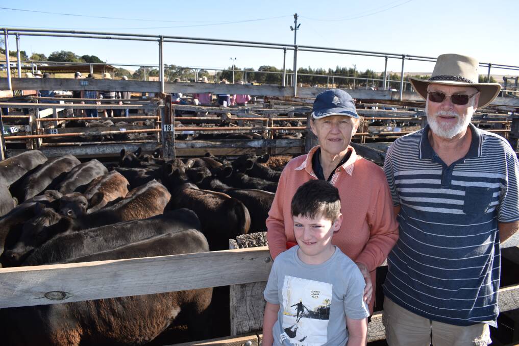 Family: Marg and Bob Smith, Jindalee, with their grandson Darcy Brown, at Casterton where Jindalee consigned Angus heifers.
