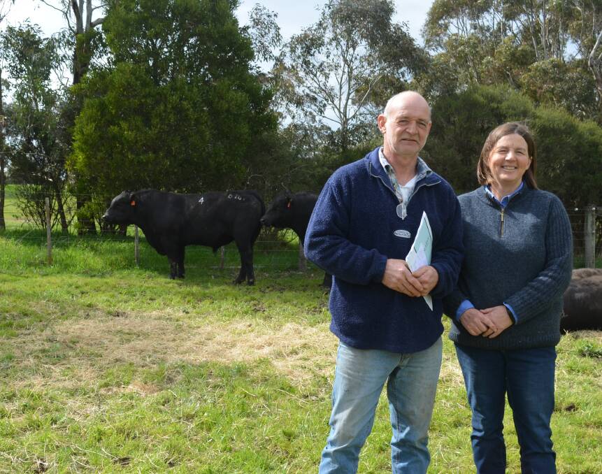 Buyer: Tracy McErvale, Condah, with  Wendy Kelly, Barwidgee Angus, and the bull he bought for $6000 at the Barwidgee sale Thursday.