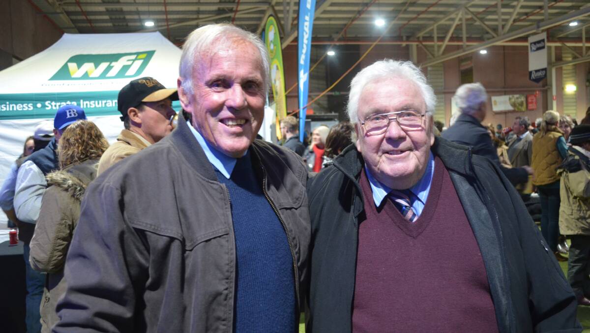 Book launch: Mike Harvey and author Gordie McMaster, Narranderra, NSW, at the launch of the author's latest book: "Gordie McMaster walks with Legends", at this year’s Australian Sheep and Wool Show. Photo: Alastair Dowie.