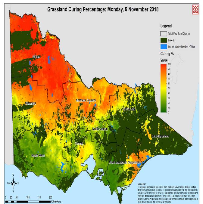 Clear boundary: The Grassland Curing Percentage map from November 5 shows the steady creep south of the cured area. Source: CFA.