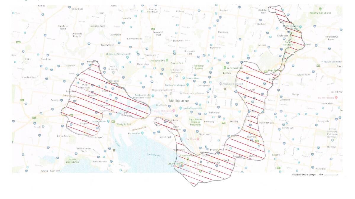 Footprint: The size of the footprint of the proposed Mount Fyans wind farm imposed on the metropolitan area of Melbourne.