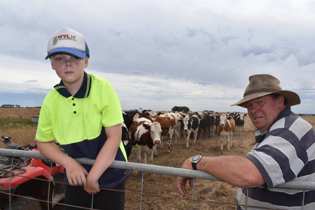 FAMILY: Tom Riches with grandson Flynn checking on crossbreed heifers on a dryland block near their home farm at The Sisters.