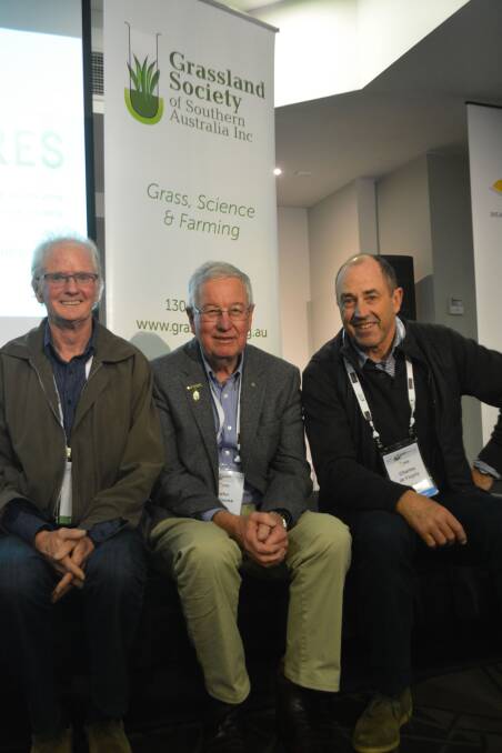 LIFE TIMES: Life members of the Grassland Society of Southern Australia, Jeff Hirth, Albury, NSW, John Galliene, Warragul, Gippsland and Charles de Fegely, Ararat, at the 60th anniversary of the organisation at Creswick.