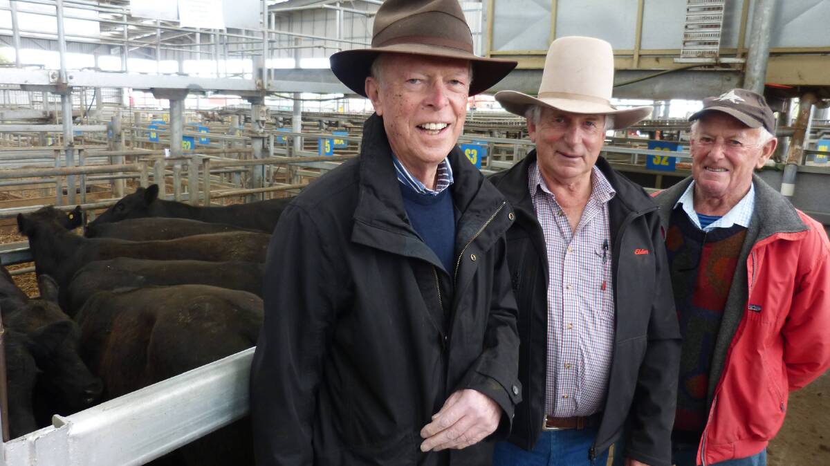 END OF AN ERA: Yancowinna principal Dennis Ginn, Cape Patterson, who died recently pictured in October 2019 with friends Don Bowman, Elders Korumburra and Tony Landey, Tarwin Lower.