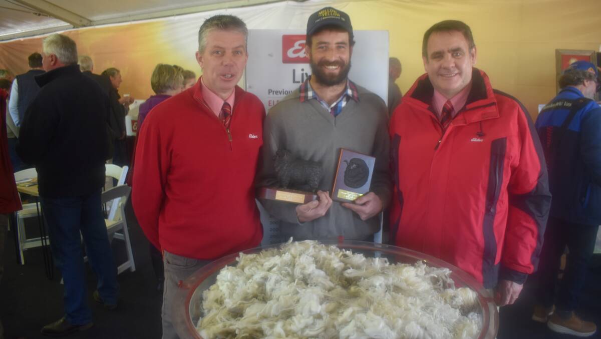 CLIP WINNER: Elders district wool manager Craig Potter, Ararat, classer of the winning clip, Sean McDougall, Rosevale Ridge, Maroona, and Elders general manager of network Richard Norton at the presentation of the Elders Souther Clip of the Year.