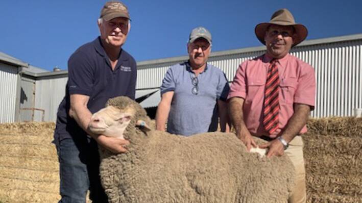 TOPS: Tamaleuca principal Kevin Crook with buyer Greg Rae, Warrawee Pastoral, Kyalite, NSW, and Elders wool representative Andrew Williamson.