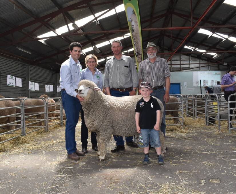 Top Corriedale: Leigh and his mother Bron Ellis, Sweetfield Corriedale stud, Mt Moriac, with buyers Justin and father Graeme Weaver and Justin's five year old Quinn, all from Balmoral.