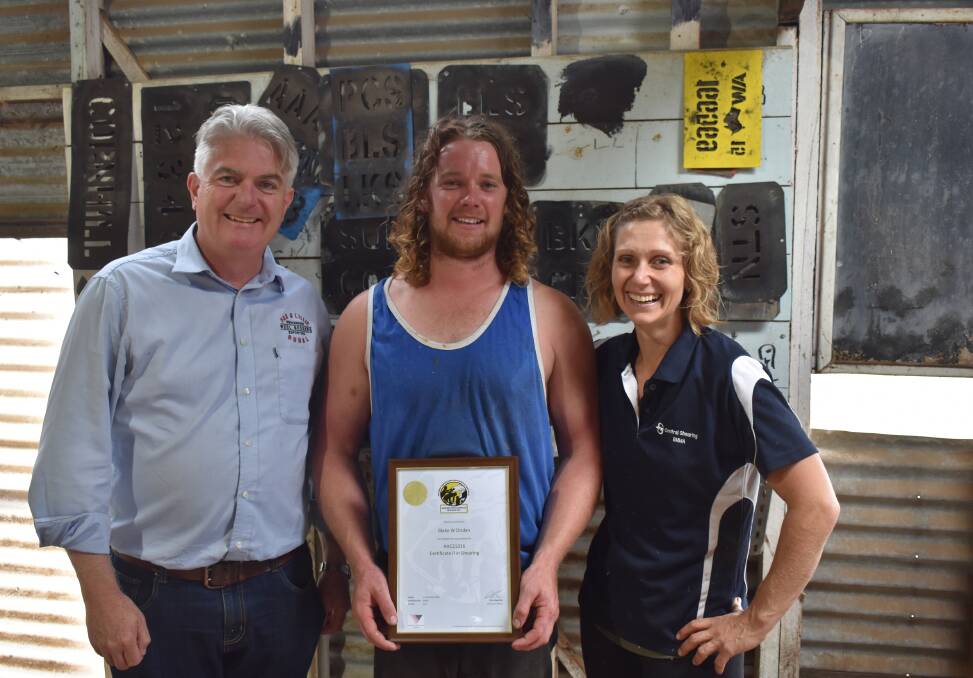 Certification: Fox & Lillie Rural Brokerage Manager Eamon Timms, with Blake Dridan, who recently completed Certificate II for Shearing and is a scholarship recipient, and Central Shearing Ballarat's Emma Morvell.