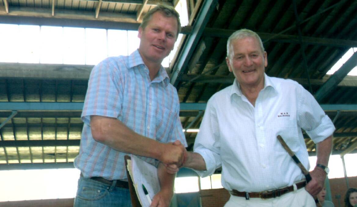 LAST SALE: Bruce and Max Balharrie at the final pig sale in Ballarat for Max and Bruce Balharrie Pty Ltd on December 12, 2007. Photo supplied.