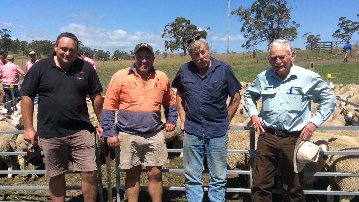 SAME AGAIN: Photographed at last year's Tamar Valley-Tasmanian Midlands Circuit, were Scott Francombe, Elders, vendor Ed Archer, Guy Marshall, and Ian Richards, Richards Livestock, Tasmania, and they were again the major buyers this year. 