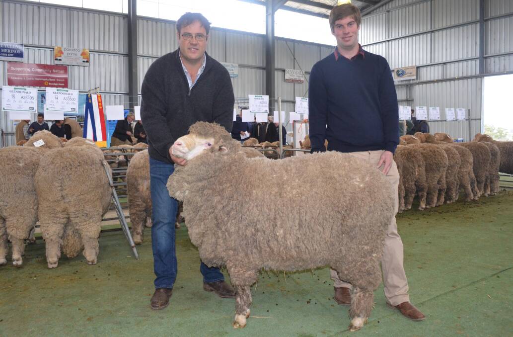 Wurrook: Wurrook stud principle, Paul Walton, and buyer Andrew Rizzoli, Cape Clear, and the ram he bought for $5250. 