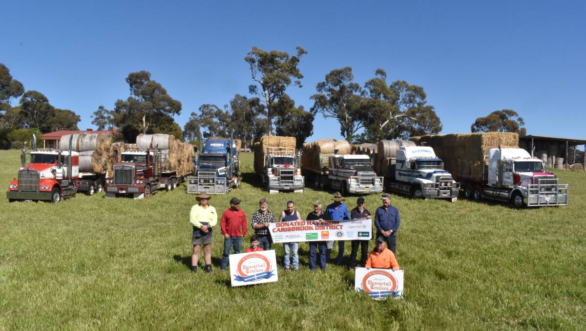 Hay drive: Drivers and organisers of the hay drive from Carisbrook to Euabalong ready for the start of the journey. Tony Bradley, Braidwood, NSW, Craig Zimmer, Rathscar, Cleve Thiele, Maryborough, Paul Dossett, Rockbank, Barry Dodson, Strathlea, Tom Coppinger, Braidwood, NSW, Steve Gleisner, Avoca, and Adrian O'Connell, Carisbrook. In front are Cooper and Dave Willis, Carisbrook.
