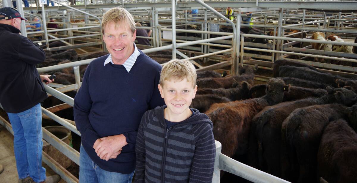Chris Nixon, with son Hugh, and some of the weaned heifers they turn off from Black Mountain Station each year.