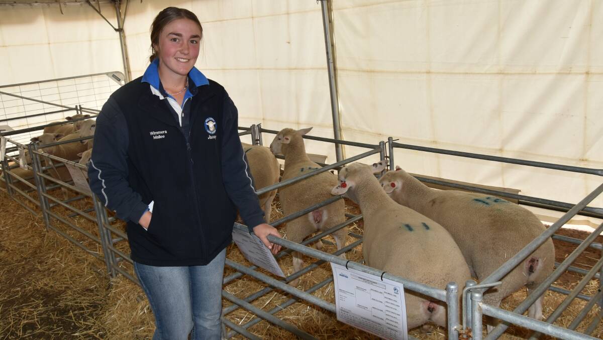Jacey Ferguson, Hopetoun, with two White Suffolk ewes she bought for $800 each at the Anden sale, to add to her start-up flock. Picture by Alastair Dowie