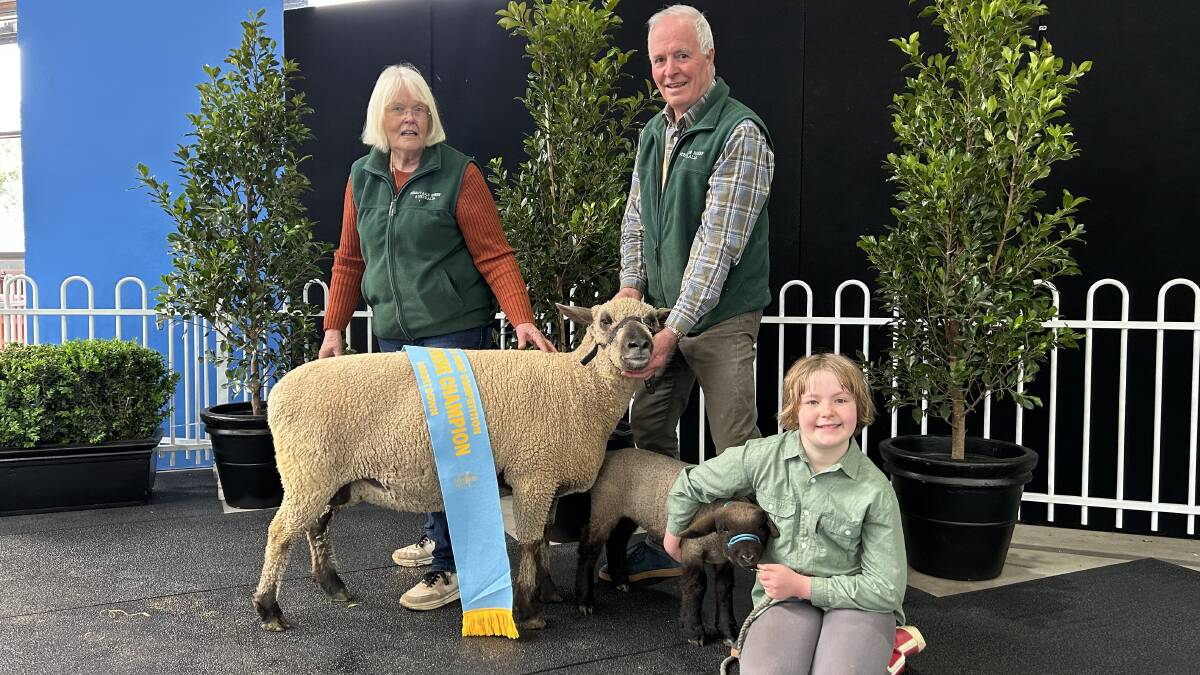 Margaret and Colin Chapman and Maggie Cozens, Woodhall Dorset Down stud, Wedderburn, with the supreme champion of the breed and its ewe lamb at foot. Picture by Joely Mitchell