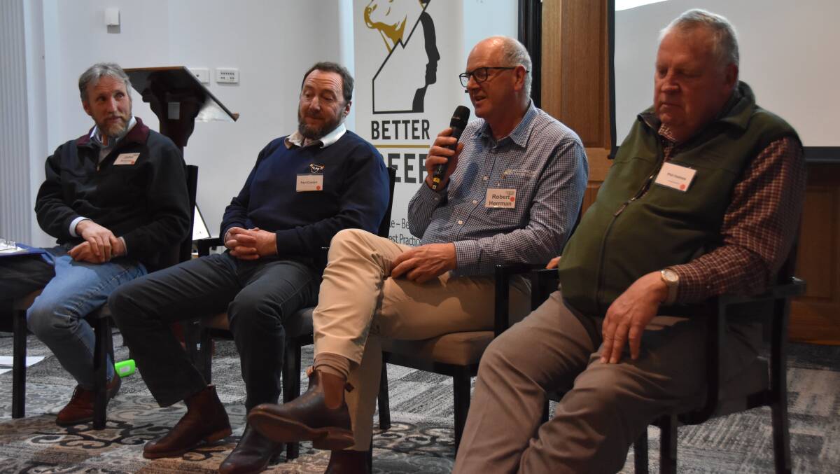 Agriculture Victoria's John Bowman, the Centre for Veterinary Education's Dr Paul Cusack, Mecardo's Robert Herrmann and Holmes & Co's Phil Holmes, discussed bouncing back from drought at Better Beef 2018.