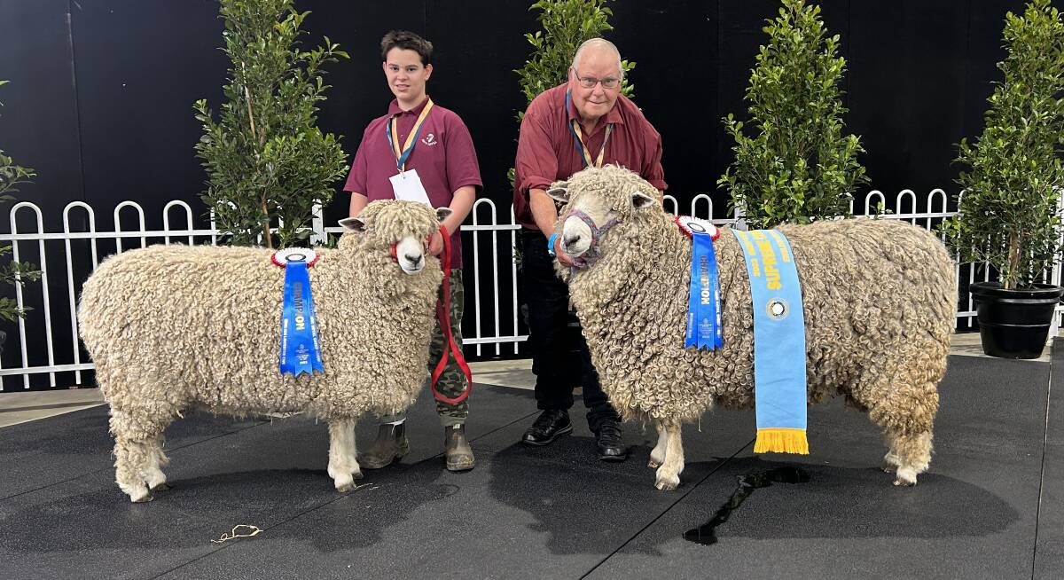 Damon and Barry Shalders, Willow Drive English Leicester stud, Grassmere, with the champion ewe and champion ram/supreme of the breed. Picture by Joely Mitchell
