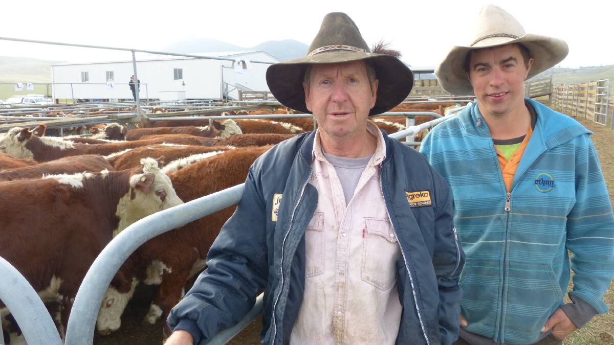 Brian Dyer, Benambra, pictured
with farm hand Matt Rooney, sold
72 Hereford calves at Hinnomunjie.
Photo by Bryce Eishold.