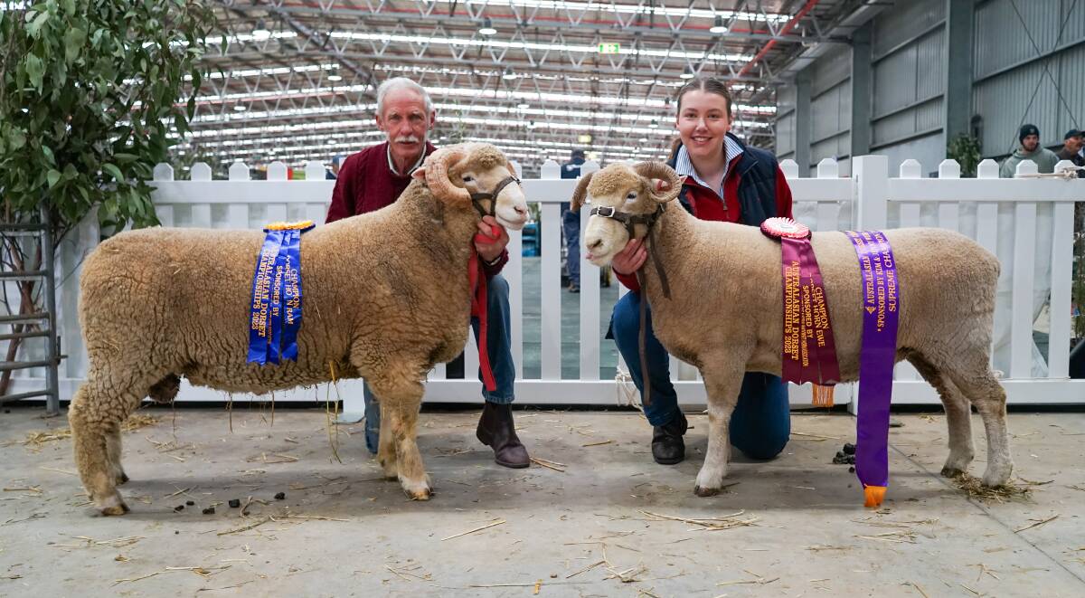 Kei-Vale Dorset Horn stud principal Keith Coble, Boorowa, NSW, with his champion ram and Eleanor Grieve, Hillend Dorset Horn stud, Clarkes Hill, with her champion ewe and supreme of the breed. Picture by Rachel Simmonds