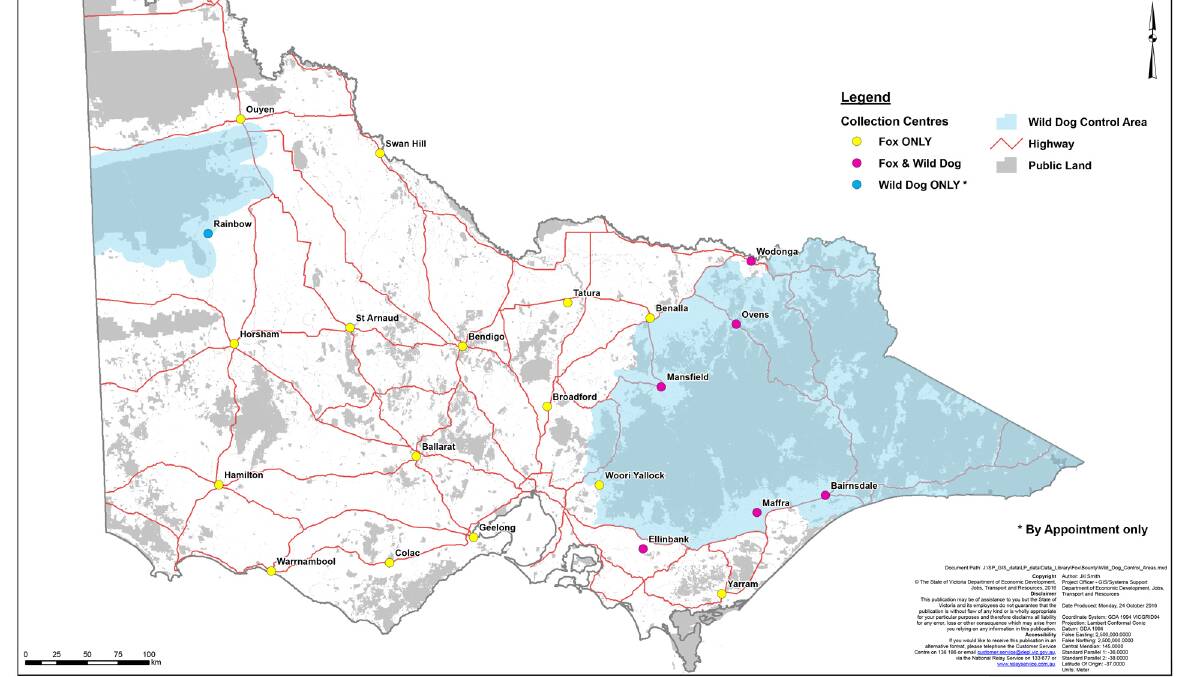 A map of fox and wild dog collection centres in Victoria. Photo courtesy of DEDJTR.