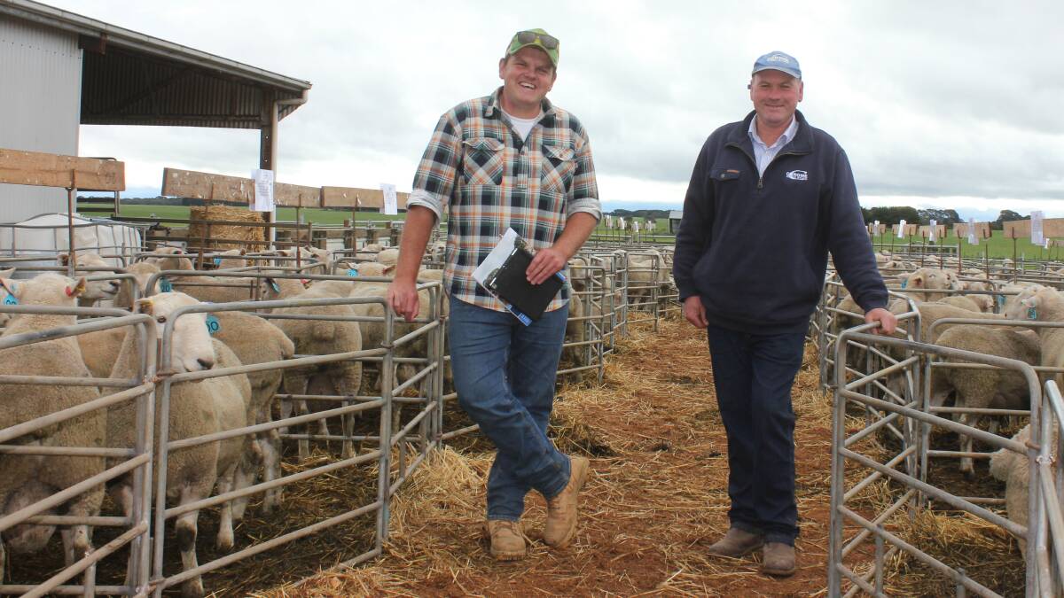 Reine Kennedy, Bairnsdale, who purchased 51 rams at Chrome, with Chrome stud principal Matt Tonissen. Picture supplied by Chrome.