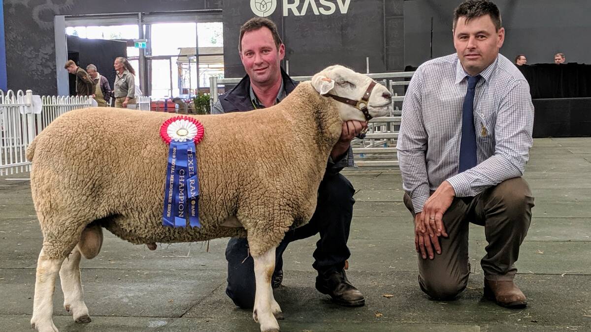 Ashley Smith of Cypress Park at Cardigan Village with his supreme Texel exhibit, and judge Nick Lawrence, Bordertown, SA.