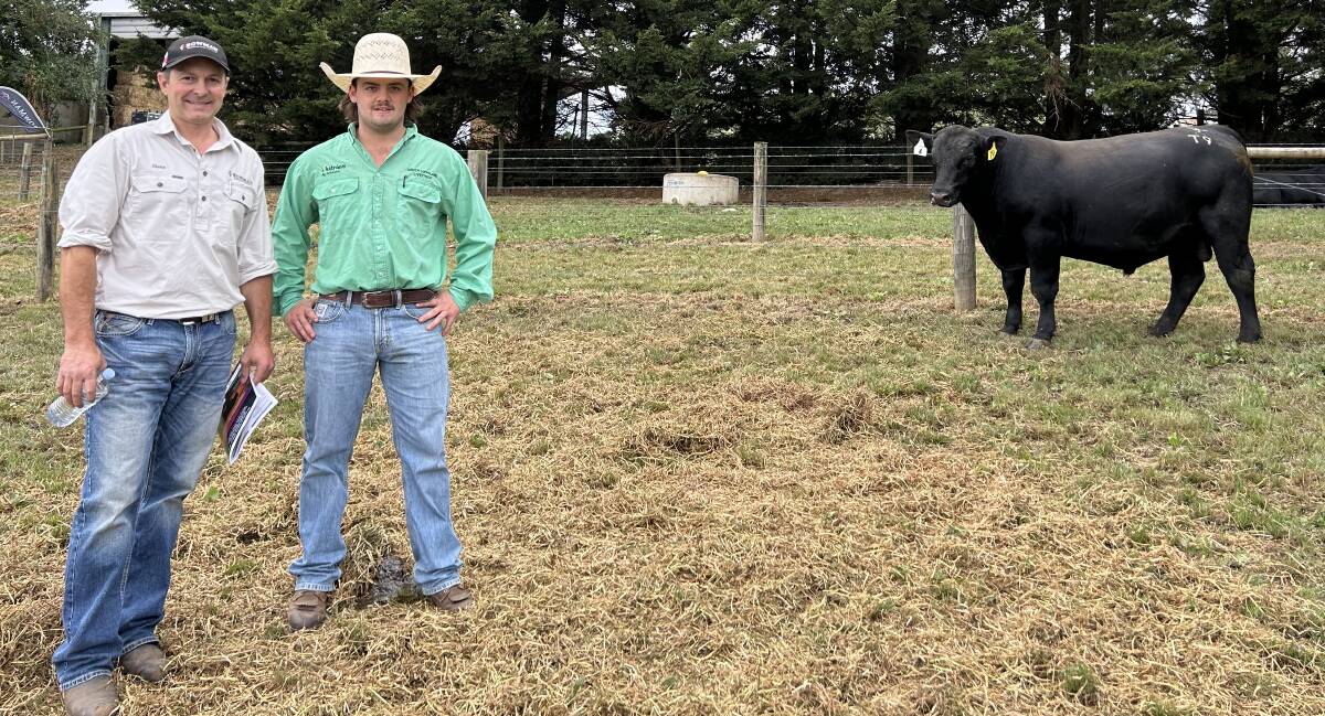 Bowman Angus stud principal Glenn Bowman, Neerim South, and Nutrien South Gippsland Livestock agent Darcy Loughridge with the top-priced bull. Picture by Joely Mitchell