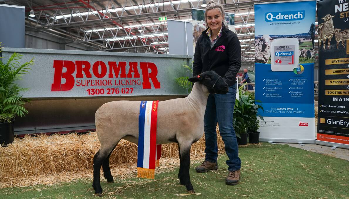 Closeup Suffolk stud principal Charlotte Close, Finley, NSW, with her champion Suffolk ewe of the show. Picture by Rachel Simmonds