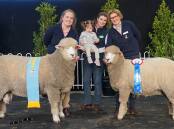Kate Methven, Gemma Ellis, Casey Tomkins and Bron Ellis, Sweetfield Corriedale stud, Mount Moriac, with the supreme Corriedale (ram) and champion ewe. Picture by Rachel Simmonds