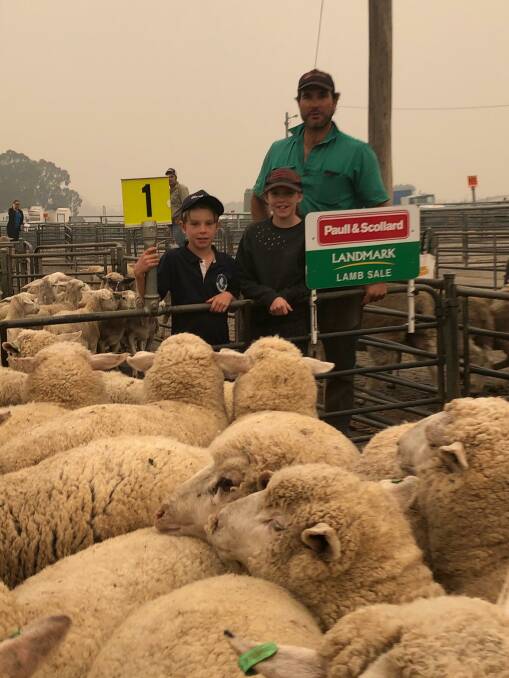 FAMILY SALE: Charlie, Matilda and Clint Dunn, Craigilee, Culcairn, NSW, sold this pen of 59 shorn lambs for $226 at a Corowa, NSW, sale earlier this month in hazy conditions.