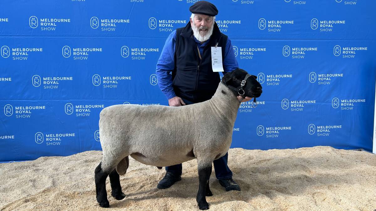 Deppeler stud co-principal Doug Deppeler, Derrinallum, with his champion Suffolk ram of the show. Picture by Joely Mitchell