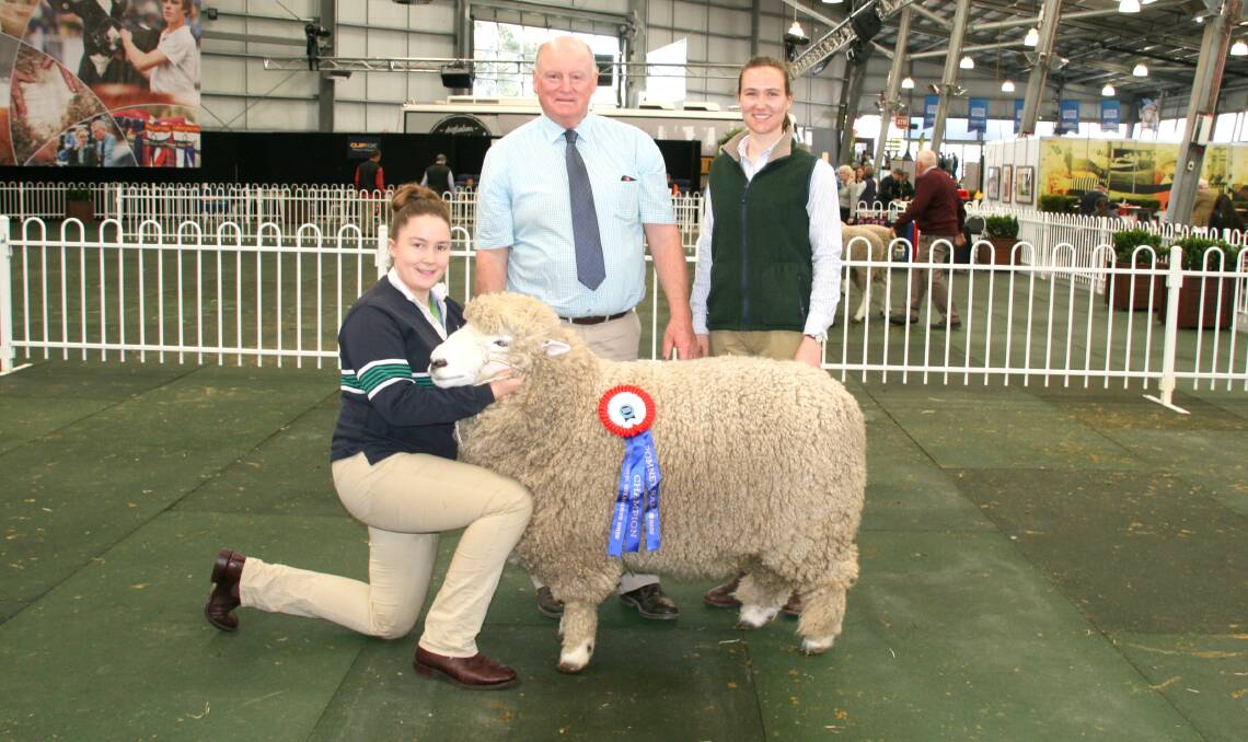 The champion Romney ram at the Royal Melbourne Show in 2018, Hugo, whose semen has been sold to Kazakhstan. The ram is pictured with Ashley Cross, Tintern Grammar, judge Hugh Taylor, Doughboy Romney stud, NZ, and associate judge Caitlin Grieves.