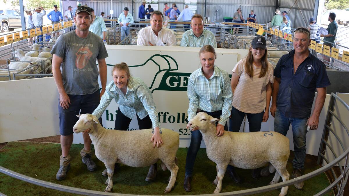 Pictured with the two $2300 equal top-priced White Suffolk ram lambs are Leo Fitzpatrick, Willaura, with Emily Mitchell holding his purchase, Chloe Mitchell holding the ram lamb purchased by Megan and Noel Lubcke, Winchelsea. At the back in the dais are GTSM auctioneer Michael Glasser and Gemini principal Craig Mitchell.