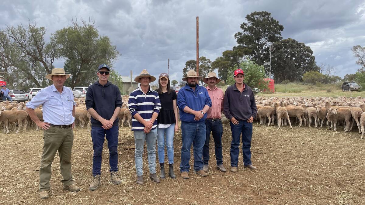 Stew Kyle, West Tec Ag, Kaniva, buyer Shane Vivian, vendors Ed and Toni Morgan, Adam Lomman, Mutooroo Station, Broken Hill, NSW, Nick Williamson, Elders, and Mutooroo station hand Kimmy Cox at Yelta. Picture supplied.