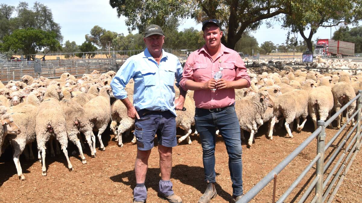 Selling sheep for the final time was Merv Gaylor, Wycheproof, pictured with Elders Wycheproof branch manager Sam Crow at Wycheproof. Picture by Alastair Dowie