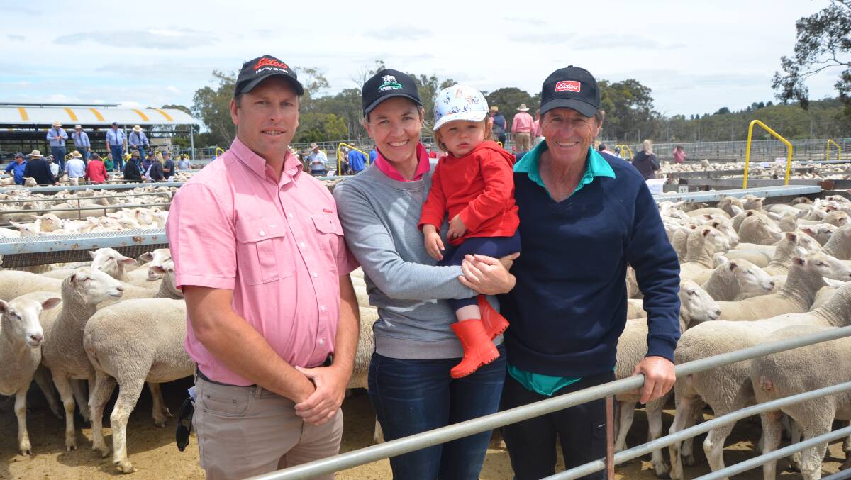 MALLEE-BRED: Scott Eichler, Elders, with Jane Farley and daughter Daphne Ellis, and Jane's father Ian, Jabuk, SA, who sold first-cross ewes to $480 at Naracoorte, SA.