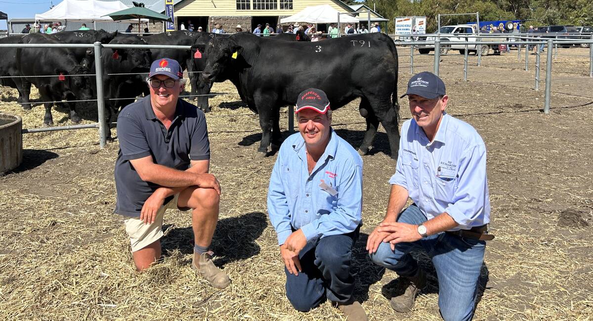 The top-priced bull with its buyer Andrew Stoney, Ellingerin Pastoral Co, Inverleigh, Murdeduke stud principal Lachie Wilson and HF Richardson Livestock and Property owner Will Richardson. Picture by Joely Mitchell
