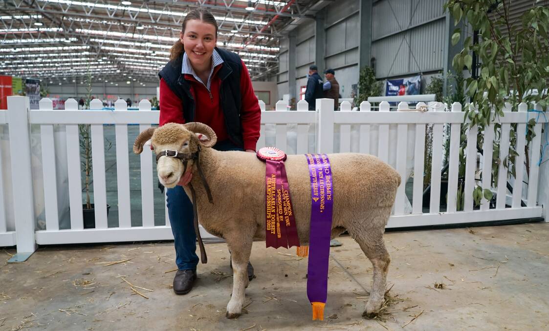 Eleanor Grieve, Hillend Dorset Horn stud, Clarkes Hill, with her champion ewe and supreme of the breed. Picture by Rachel Simmonds