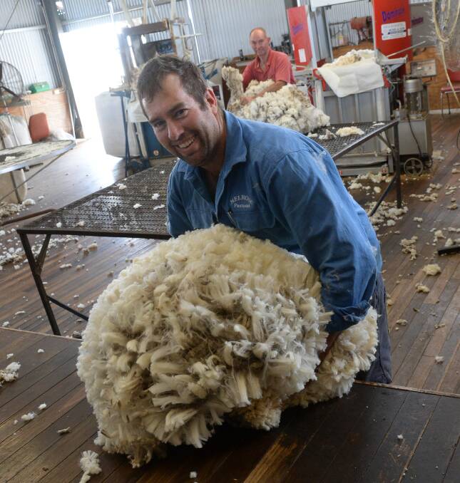 HIGH HOPES: Adam and Graham Wallace, Cowra, NSW, with fleece from Merino ewes, that they anticipate to sell for "record prices" in the next few weeks. Photo: Rachael Webb.