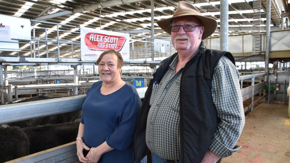 WEATHER WOES: Paul and Leanne Cartwright, Allambee, sold their hand-fed Angus and Black Baldy cattle at Leongatha.