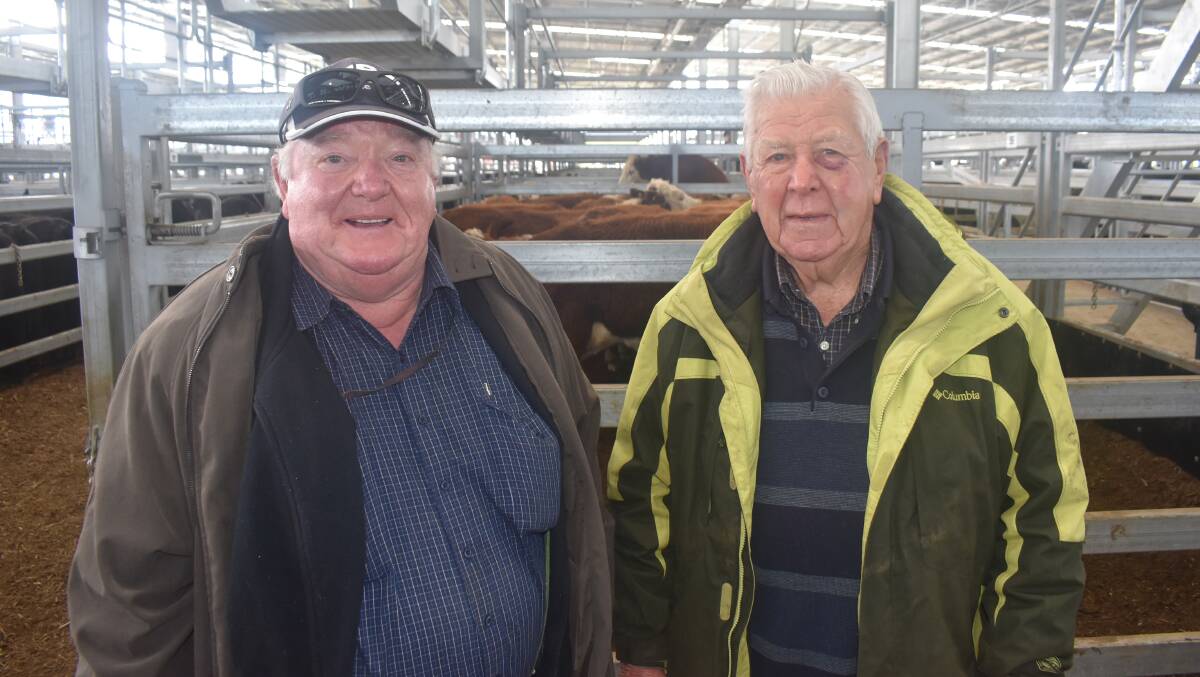 Ken Ewing, Waubra, sold Black Baldy steers at Ballarat, pictured with old friend Stan Blackmore, Minnibadar.