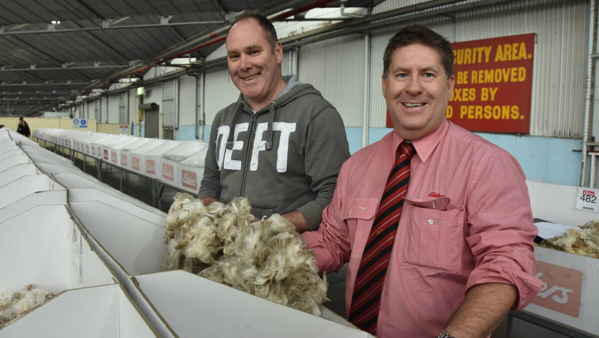 Anthony Streeter, Natte Yallock, pictured with Elders wool broker Adam Millard, sold 20 bales of wool this week.