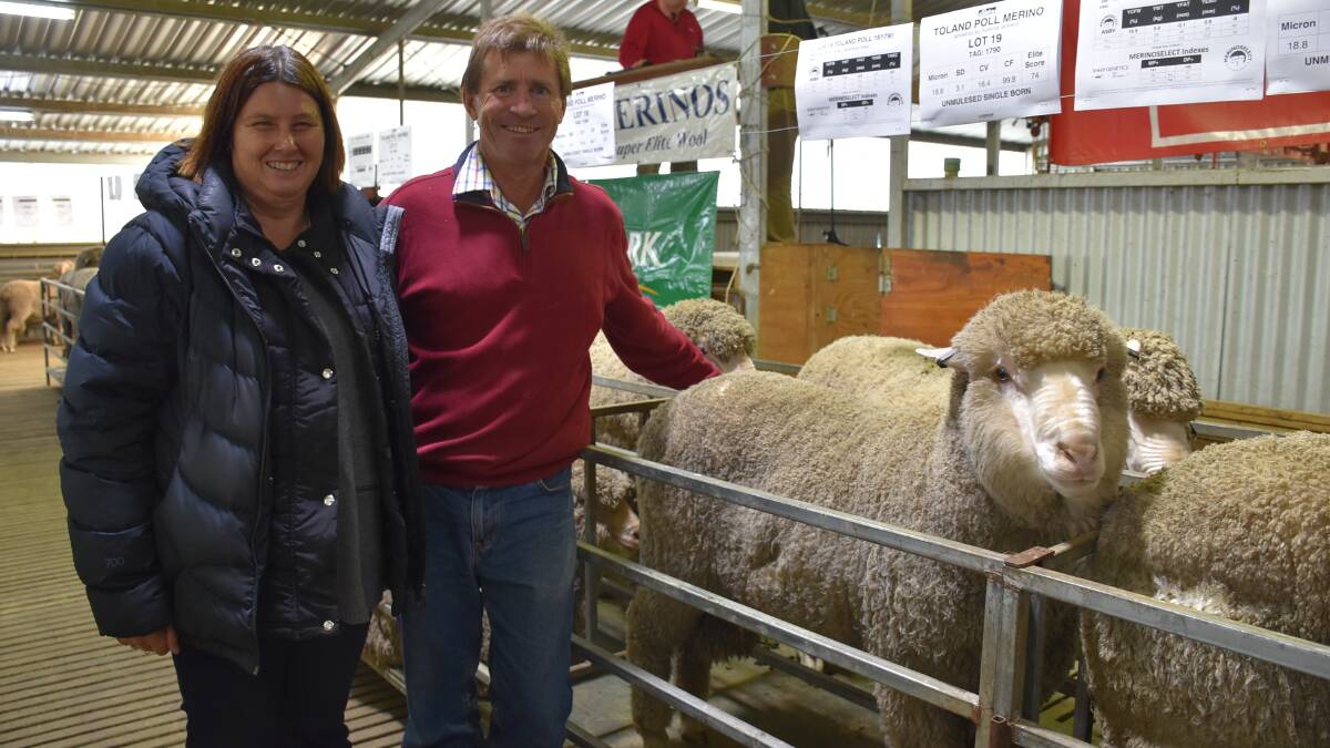 Long-term clients Phil and Jackie Muecke, Penola, SA, bought Lot 19, the second-top priced ram at the sale, for $4250.