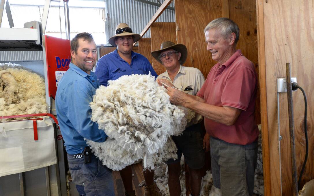 Adam Wallace, 'Melrose Pastoral', Cowra, NSW, with woolclasser Paul Ryan, neighbour Garren, and  semiretired) talking wool with the Wallace's neighbours, Garren and his father, Malcolm Wright, "Beulah", Cowra 