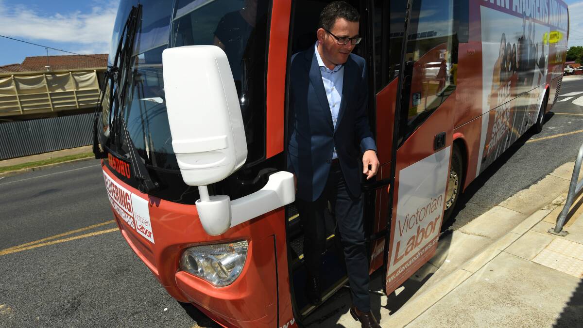 Daniel Andrews on his campaign bus earlier this week. Photo by James Ross.